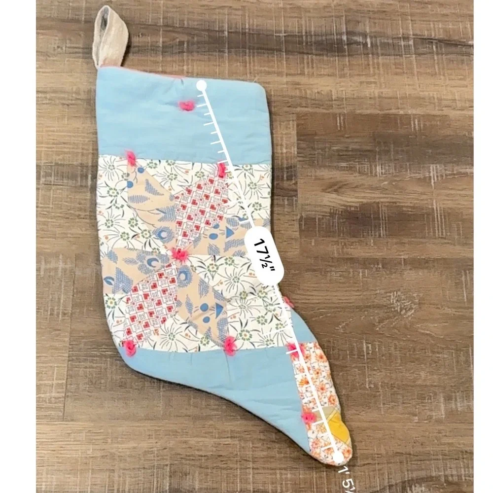 Handmade Vintage Patchwork Quilt Christmas Stocking Blue Pink Floral Cottagecore